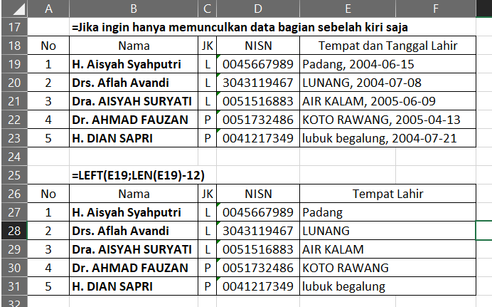 Menghapus Sebagian Karakter di Excell